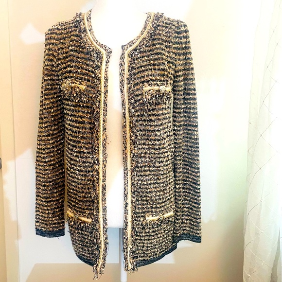 Beulah Sweaters - Beulah Style S/M inspired tweed long cardigan. With chain detail & more